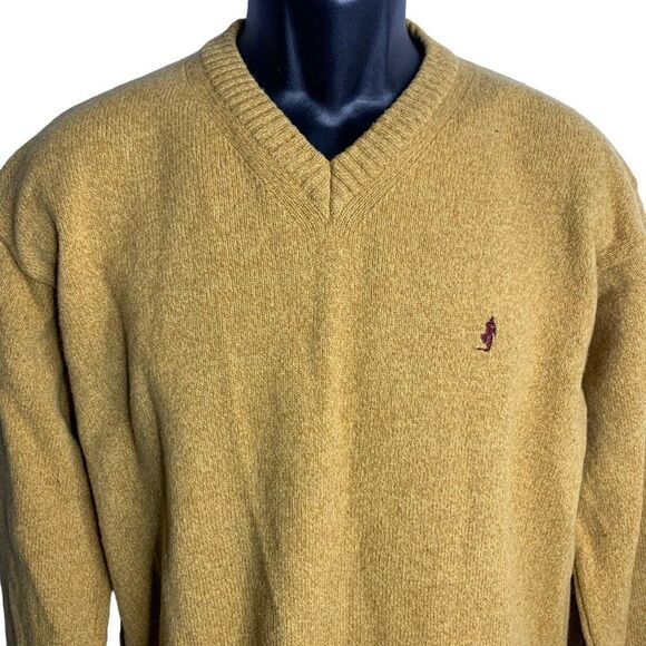 Vintage Marlboro Wool Pullover Sweater L Tan Knit V Neck Long Sleeve Ribbed Trim - Picture 2 of 6